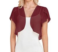 Damen Strickjacke Sommer, Sommerlicher Bolero Shrug für Damen Rüschen Kurzarm Chiffon Cardigan Offenes Cropped Top Leichter Transparenter Shrug Elegante Stola Burgunderrot Xs