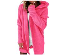 Damen Strickjacke Strickcardigan mit Kapuze Casual Strickjacke Lang Lose Offener Elegant Grobstrick Mode Strickmantel Longstrickjacke Übergangsjacke Grobstrick-Cardigan Wintermäntel Heißes Rosa L