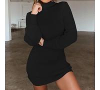 Damen Strickkleid Langarm Rollkragen Elastisch Bodycon Winter Warm Party Urlaub Kleid Regular Länge Weiß Khaki Weinrot Grau Dunkelblau Schwarz(L Black)
