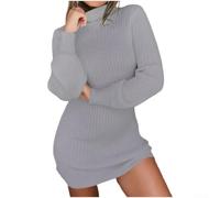 Damen Strickkleid Langarm Rollkragen Elastisch Bodycon Winter Warm Party Urlaub Kleid Regular Länge Weiß Khaki Weinrot Grau Dunkelblau Schwarz(XL Grey)