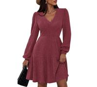 Damen Strickkleid Winter Knielang Winterkleid Damen Elegant Geripptes Pulloverkleid Winter A Linie Kleid Langarm V Ausschnitt Strickkleider Hohe Taille mit Taschen Pullikleid Kleider Gestricktes