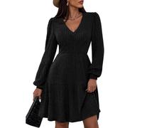 Damen Strickkleid Winter Knielang Winterkleid Damen Elegant Geripptes Pulloverkleid Winter A Linie Kleid Langarm V Ausschnitt Strickkleider Hohe Taille mit Taschen Pullikleid Kleider Gestricktes