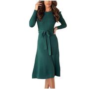 Damen Strickkleid Winter Langarm Pulloverkleider Knielang Elegant Wickelkleid Lässiges Einfarbig Winterkleid mit Gürtel Midikleid Warm A Linie Kleid Weich Bequem Rockabilly Kleider