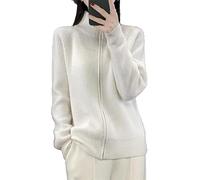 Damen-Strickpullover aus Wolle, Rollkragenpullover, Reißverschluss, durchgehender Reißverschluss, Stehkragen, dicke warme Wollpullover, Strickjacke, weiß, XL