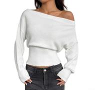Damen Strickpullover Einfarbig Schulterfrei Fallschultern Langarm Lockerer Schnitt Gerippte Bündchen Für Urlaub Strand Sommer Freizeitmode Regular Fit(M White)
