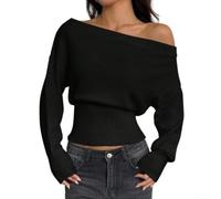 Damen Strickpullover Einfarbig Schulterfrei Fallschultern Langarm Lockerer Schnitt Gerippte Bündchen Für Urlaub Strand Sommer Freizeitmode Regular Fit(S Black)