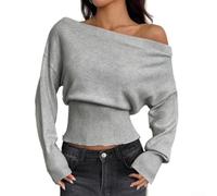 Damen Strickpullover Einfarbig Schulterfrei Fallschultern Langarm Lockerer Schnitt Gerippte Bündchen Für Urlaub Strand Sommer Freizeitmode Regular Fit(XL Gray)
