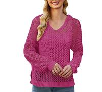 Damen Strickpullover Feinstrick Pullover mit Lochstrickmuster und V-Ausschnitt Streetwear Lochmuster Feinstrick Pulli Jumper Oberteile Tops Lässig Knit Fashion Sweater
