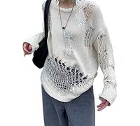Damen-Strickpullover im Gothic-/Punk-Stil, schulterfrei, lange Ärmel, ausgeschnittenes Loch, Y2K, Vintage, übergroßer Strickpullover, Beige/Weiß, One size
