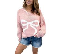 Damen Strickpullover mit niedlichem Schleifen-Motiv, lockerer Schnitt, übergroß, weich, warm, Rundhalsausschnitt, Y2K-Stil, lange Ärmel, Pullover, Oberteil für Herbst und Winter, rose, S