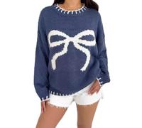 Damen Strickpullover mit niedlichem Schleifen-Motiv, lockerer Schnitt, übergroß, weich, warm, Rundhalsausschnitt, Y2K-Stil, lange Ärmel, Pullover, Oberteil für Herbst und Winter, hellblau, XL