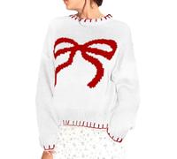 Damen Strickpullover mit niedlichem Schleifen-Motiv, lockerer Schnitt, übergroß, weich, warm, Rundhalsausschnitt, Y2K-Stil, lange Ärmel, Pullover, Oberteil für Herbst und Winter, weiß, L