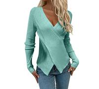 Damen Strickpullover mit V-Ausschnitt Langarm als einfarbiges Basic Top für den Alltag Damen Basic Einfarbiges T-Shirt - Kurzarm V-Ausschnitt Oversize Leicht Sommer Casual (Blue, S)