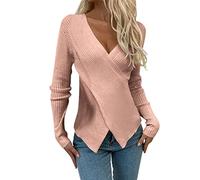 Damen Strickpullover mit V-Ausschnitt Langarm als einfarbiges Basic Top für den Alltag Damen Basic Einfarbiges T-Shirt - Kurzarm V-Ausschnitt Oversize Leicht Sommer Casual (M)