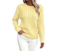 Damen Strickpullover mit Zopfmuster - Weicher Langarm Sweater Lose Pullover mit Rundhals Herbst Feinstrickpullover Einfarbig XXL Yellow