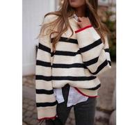 Damen Strickpullover, schwarz-weiß gestreift, gerippte Strickdetails, Langarm, mittlere Dehnbarkeit, normale Länge