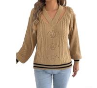 Damen Strickpullover V-Ausschnitt, Kontraststreifen, Lose Passform | Für den Strandurlaub, Leichter Stoff, Ideal für Frauen, aus Polyester, Reguläre Länge(Khaki M)