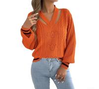Damen Strickpullover V-Ausschnitt, Kontraststreifen, Lose Passform | Für den Strandurlaub, Leichter Stoff, Ideal für Frauen, aus Polyester, Reguläre Länge(Orange M)