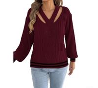 Damen Strickpullover V-Ausschnitt, Kontraststreifen, Lose Passform | Für den Strandurlaub, Leichter Stoff, Ideal für Frauen, aus Polyester, Reguläre Länge(Burgundy XL)