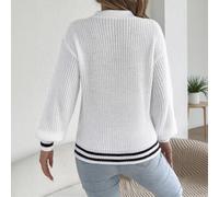 Damen Strickpullover V-Ausschnitt, Kontraststreifen, Lose Passform | Für den Strandurlaub, Leichter Stoff, Ideal für Frauen, aus Polyester, Reguläre Länge(White S)