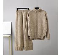 Damen Strickpullover Zweiteiliges Set - Einfarbige Strickhose Mit Hohem Ausschnitt Mit Weitem Bein Anzug Für Damen Herbst Winter, Große Größe Lose Dicke Mode Zweiteiliges Set, Soft Warm Casual O