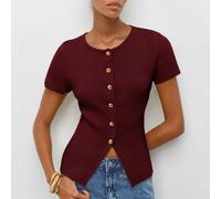 Damen-Stricktop in Burgunderrot mit Rundhalsausschnitt, kurzen Ärmeln, halbrunder Knopfleiste vorne mit Metallknöpfen, Vintage, elegant, Old Money, Le
