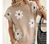 Damen-Stricktop in Khaki, ärmellos mit Cap-Ärmeln, halber Stehkragen, Blumenmuster, 3D-Jacquard