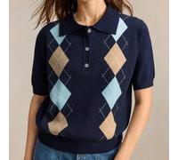 Damen-Stricktop in Marineblau und Weiß mit Farbblock-Rautenmuster, Polokragen, Sommer, Lehrertag, Kirche, Arbeit, Brunch, Schule, klassischer Preppy-S