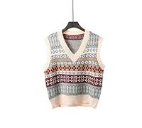 Damen Strickweste,Damen Strickpullover Weste Vintage Weihnachten Schneeflocken Geometrie Streifen Jacquard V-Ausschnitt Herbst Winter Warmer Ärmelloser Pullover Gilets Pullover Stricken Tank Top Ca