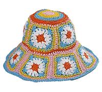 Damen Strohhut Sonnenhut Blumen gewebt Fischerhut Strandhut handgewebte faltbare Kappe, Eimer Himmelblau, Einheitsgröße