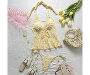 Damen strukturierter 2-teiliger Bikini-Set, lässiger Urlaubsstil, Valentinstag Outfits für Frauen, gehäkelter Badeanzug für Frauen, gelber Badeanzug-S