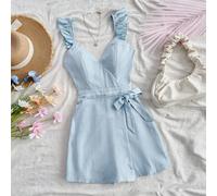 Damen strukturierter gewebter hellblauer V-Ausschnitt Ärmelloser rückenfrei Bindung Taille weite Bein Jumpsuit, für den Urlaub