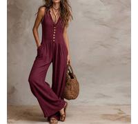 Damen strukturierter Jumpsuit mit Knöpfen, Taschen, Rüschenkragen, locker geschnitten