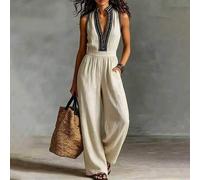 Damen strukturierter plissierter Farbblock lockerer Jumpsuit mit weitem Bein