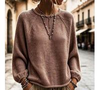 Damen strukturierter Strickpullover mit umgeschlagenem Saum, Rundhalsausschnitt, Raglan-Laternenärmeln, lässiger vielseitiger weicher Pullover, geeign