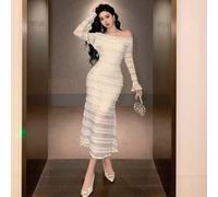 Damen strukturiertes Off-Shoulder Kleid in Knielänge, Frühling