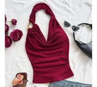 Damen Strukturiertes Strick-Blusentop mit drapiertem Ausschnitt und Metallband, geeignet für Party, Weihnachten, Date, Nachtclub, Strand, Kreuzfahrt,