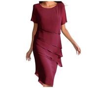 Damen Stufen Chiffonkleid Faltenkleid Patchwork Sommerkleider Chiffon Rundhals Kurzärm Kleid Mode Elegant Abend Midikleid Abendkleider Partykleid