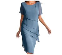 Damen Stufen Chiffonkleid Faltenkleid Patchwork Sommerkleider Chiffon Rundhals Kurzärm Kleid Mode Elegant Abend Midikleid Abendkleider Partykleid