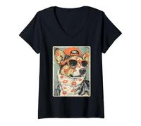 Damen Süße Corgi Hund mit Herzen Sonnenbrille Küsse Valentinstag T-Shirt mit V-Ausschnitt
