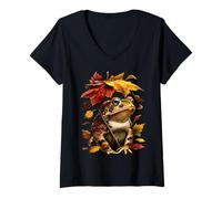 Damen Süße Kröte mit Herbstblättern Regenschirm Herbst ästhetische Grafik T-Shirt mit V-Ausschnitt