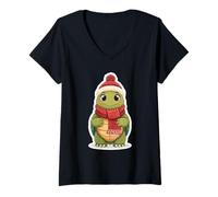 Damen Süße Winter-Schildkröte mit Mütze Illustration T-Shirt mit V-Ausschnitt