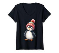 Damen Süßer Baby-Pinguin mit Wintermütze - Cartoon-Stil T-Shirt mit V-Ausschnitt