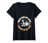 Damen süßer Border-Collie Welpe Hund und Tasse Kaffee am Morgen T-Shirt mit V-Ausschnitt