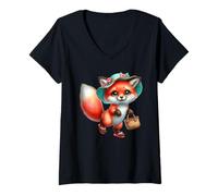 Damen Süßer Fuchs im Sonnenhut mit Korb & Flip Flops T-Shirt mit V-Ausschnitt