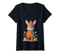 Damen Süßer Hase in Latzhose Frühling Illustration T-Shirt mit V-Ausschnitt