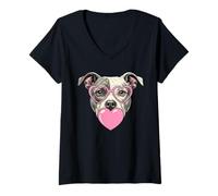 Damen Süßer Pitbull Blowing Pink Valentine Heart Bubble Gum T-Shirt mit V-Ausschnitt