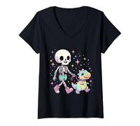 Damen Süßes Skelett T-Rex Regenbogen Dinosaurier Kawaii Pastell Goth Dino T-Shirt mit V-Ausschnitt