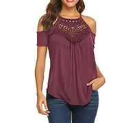 Damen Summer Tops Sexy Halter Neck Vest Tie Dye Shirts Sleeveless Hollow Out Lace Blouse Trägerloses Kurzarm mit Spitzennähten Oberteil T Shirt Kurzarm V Ausschnitte T-Shirt Off Shoulder Bluse,S-2XL