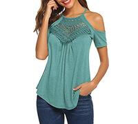 Damen Summer Tops Sexy Halter Neck Vest Tie Dye Shirts Sleeveless Hollow Out Lace Blouse Trägerloses Kurzarm mit Spitzennähten Oberteil T Shirt Kurzarm V Ausschnitte T-Shirt Off Shoulder Bluse,S-2XL